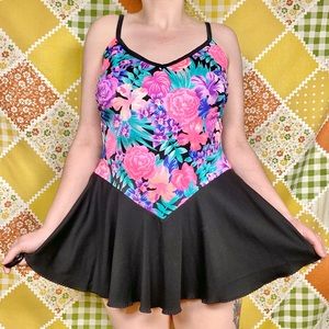 Vintage 80s black, pink & purple floral dress swimsuit 🌸